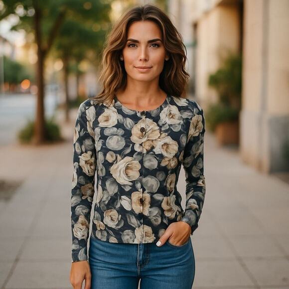 Talbots Women’s M Gray Tan Floral Cardigan Sweater 100% Merino Wool Office Work - Picture 1 of 11